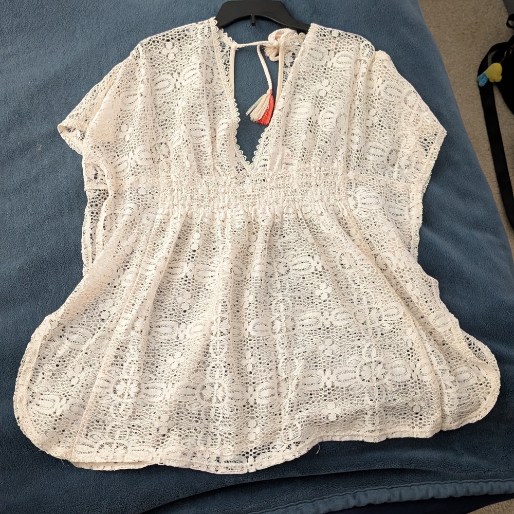 Xhilaration Cream Crochet Cover-Up with Tassels